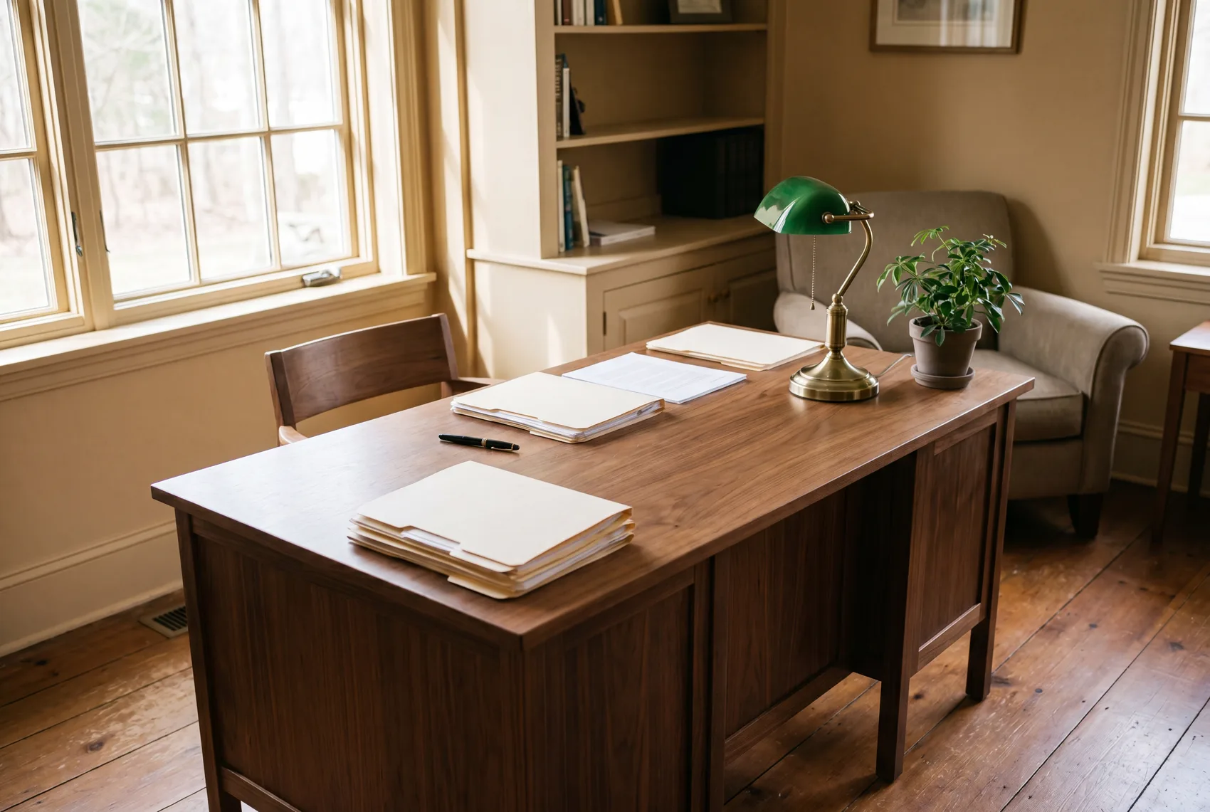 Calm advisory desk by the window with documents