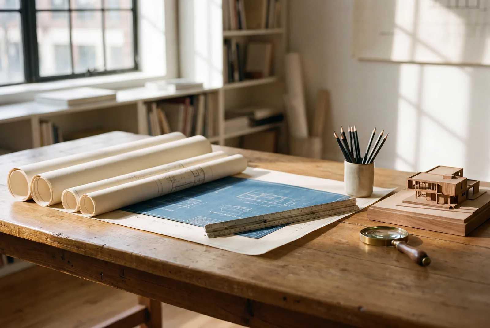 Floor plan, scale ruler and magnifier on a desk
