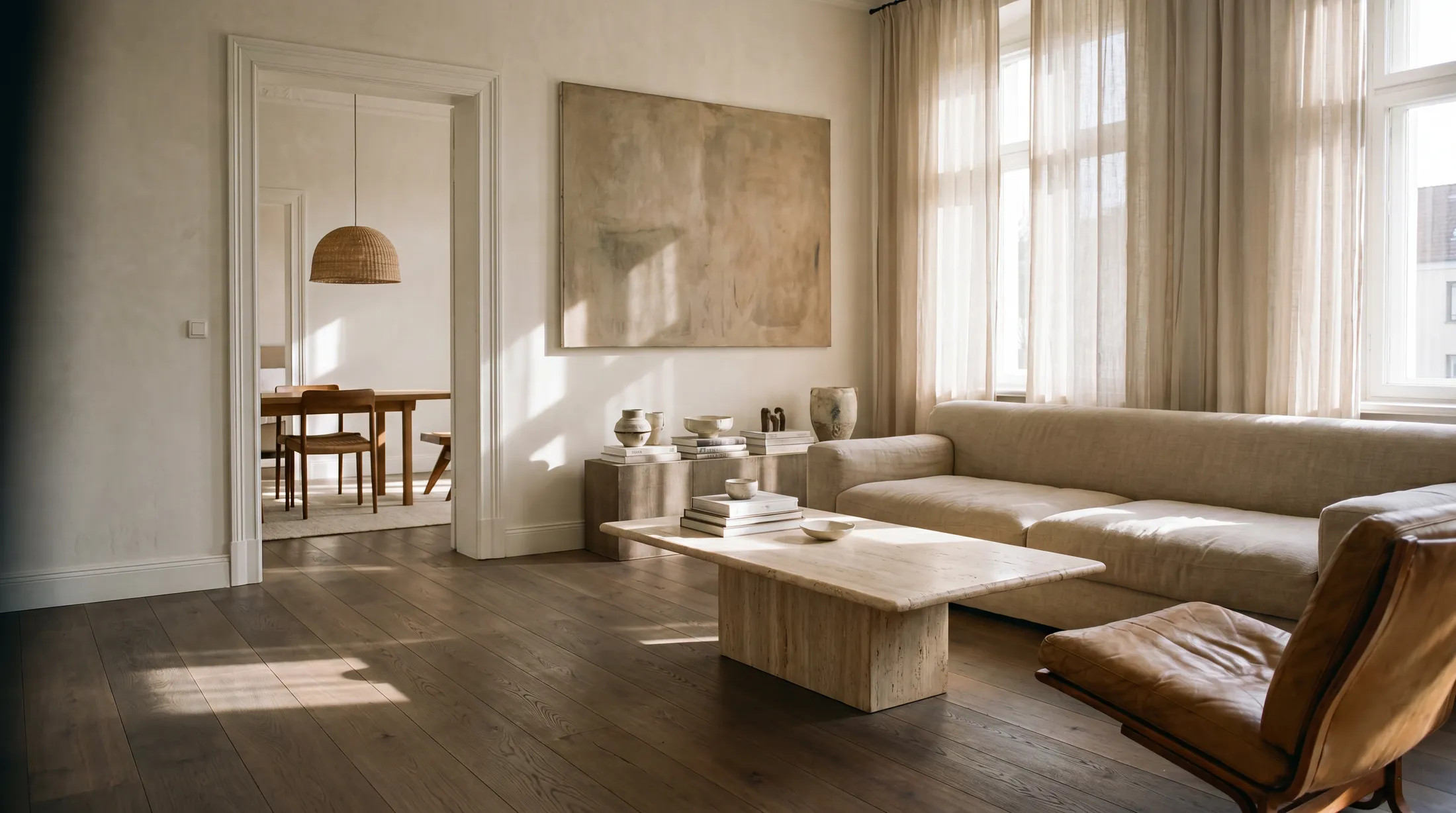 Bright living room with oak floor in warm morning light